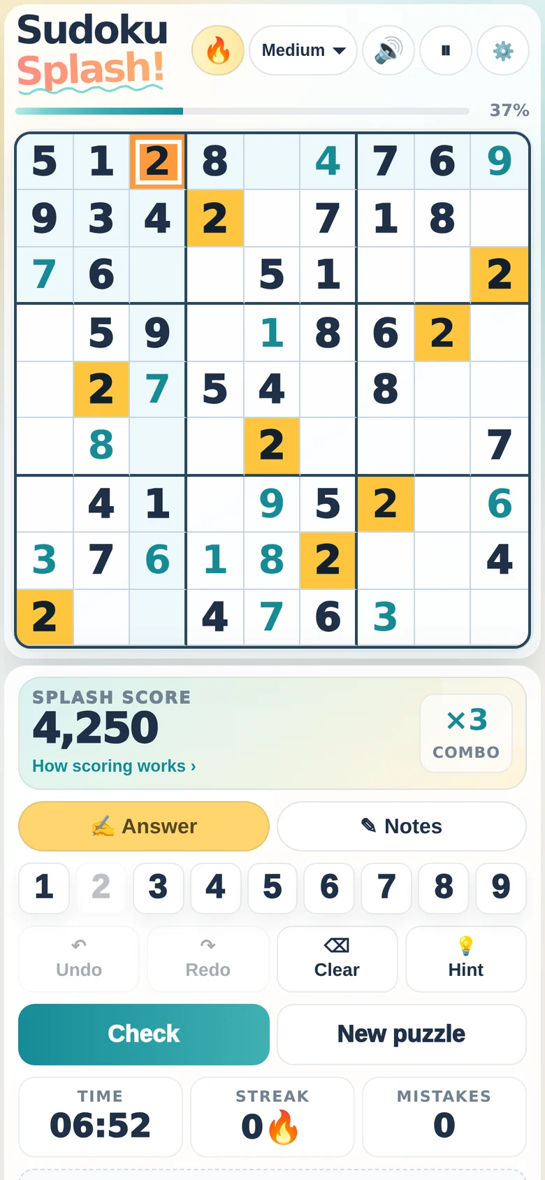 Sudoku Splash game screen
