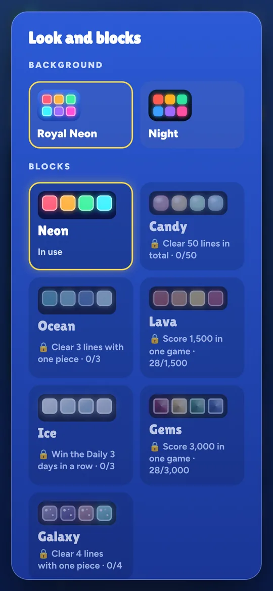 RowdyRows look menu with block sets to unlock