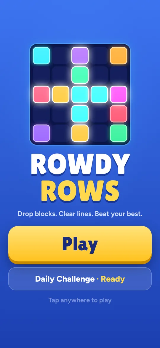 RowdyRows title screen with Play and Daily Challenge buttons
